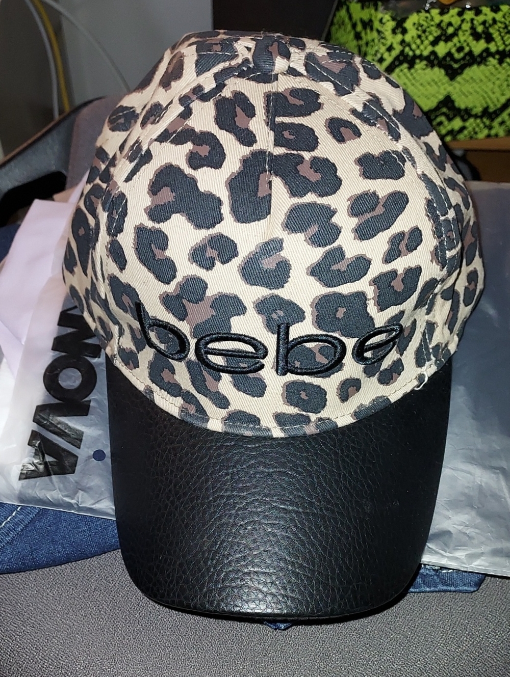 New bebe Leopard-Print Cap with Black Faux Leather Brim